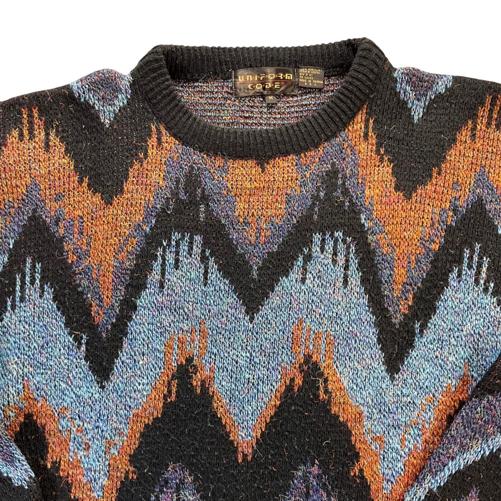 Uniform Code Mens Geometric Zig Zag Knit Sweater‎ Black Orange Blue M